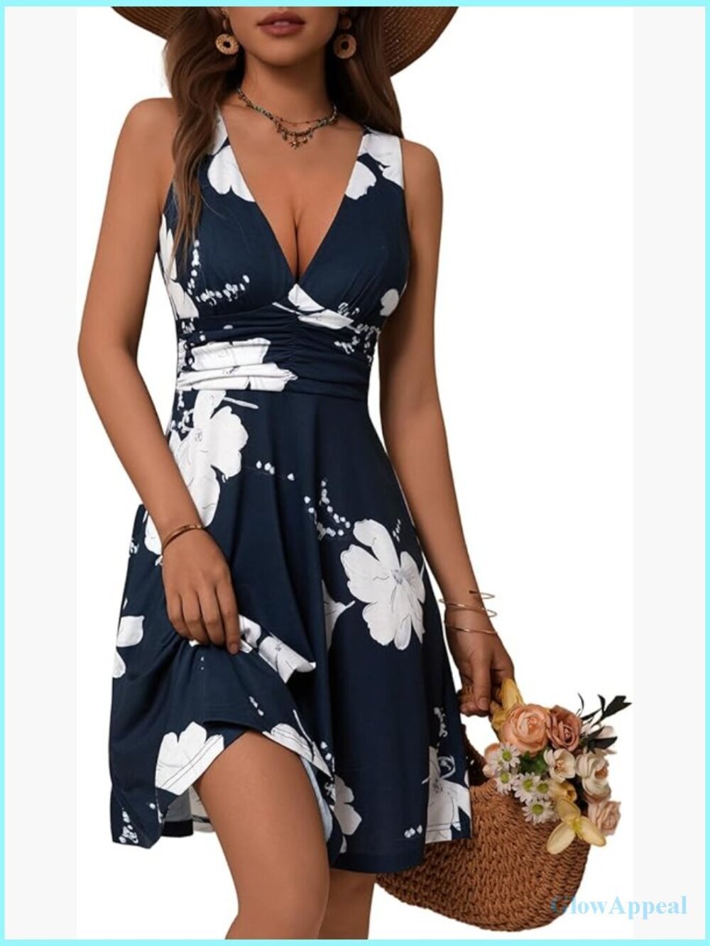 Deep V Neck Sleeveless Floral Sundress with Pockets